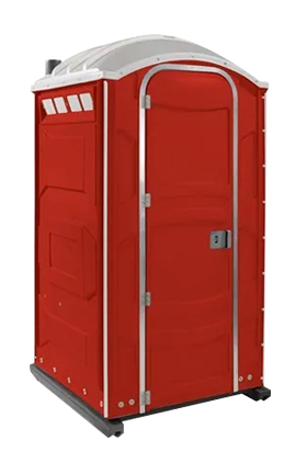 A red portable toilet with wheels and handles.