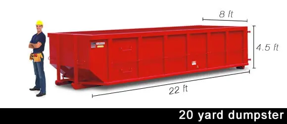 A red dumpster with the length of it 2 0 feet.