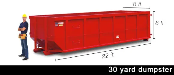 A red dumpster with the length of it's side.