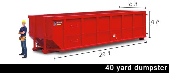 A red dumpster with the length of it's side.