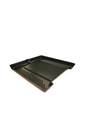 A black tray with a handle on top of it.
