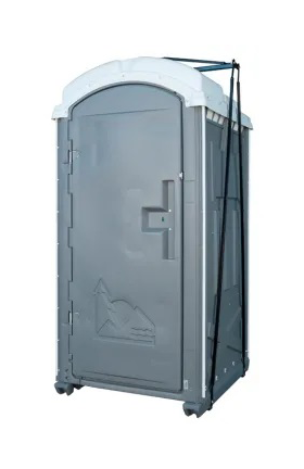 A portable toilet with a door open and the lid closed.