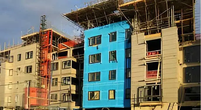 A building with scaffolding around it and blue walls.