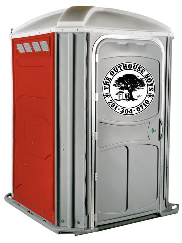 Red and gray portable toilet with logo.