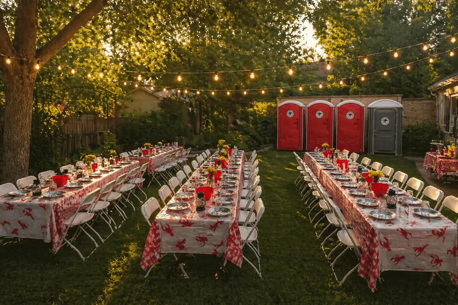 Outdoor dinner setup with decorated tables.